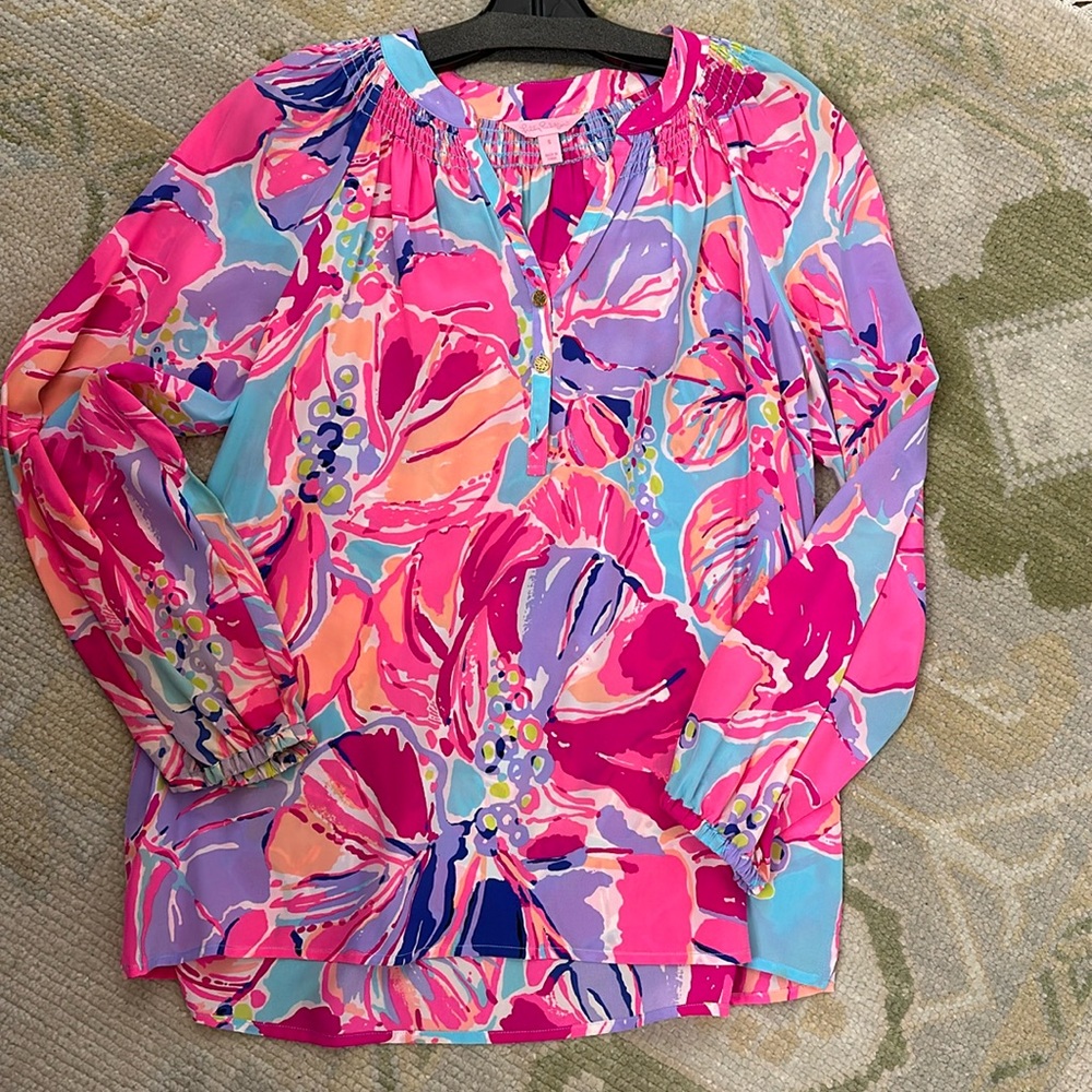 Pink Turquoise and Coral Lilly Pulitzer Elsa blouse top S